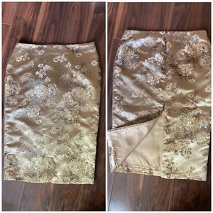 Gold pencil skirt with gold embroidered flowers